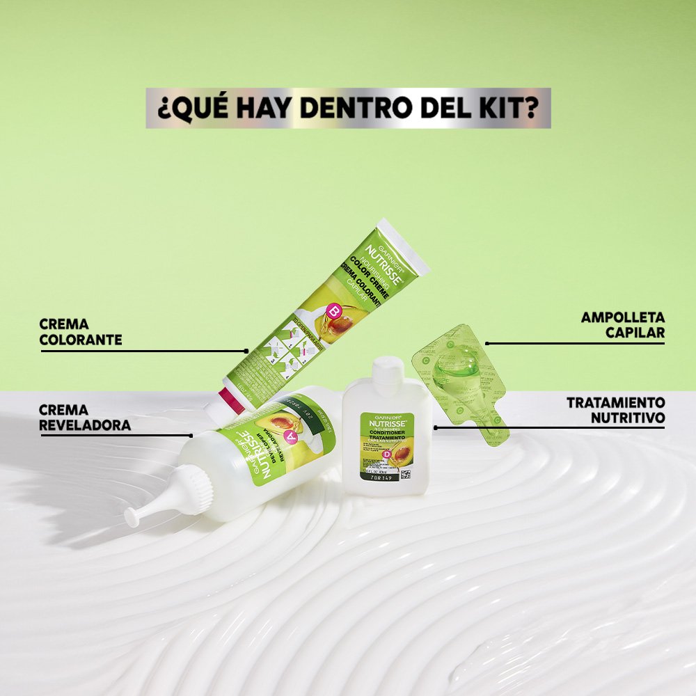 CREMA COLORANTE, CREMA REVELADORA, AMPOLLETA CAPILAR, TRATAMIENTO NUTRITIVO, KIT DE TINTE PARA CABELLO, GARNIER NUTRISSE, COLORACION DE CABELLO, TINTE PARA CABELLO